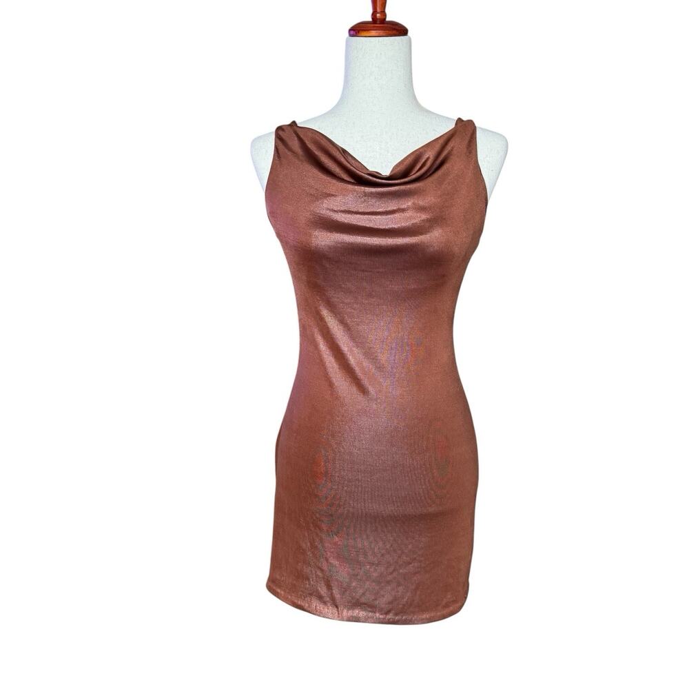 Chou Chou Metallic Brown Cowl Neck Bodycon Mini Dress Size M - Picture 1 of 7